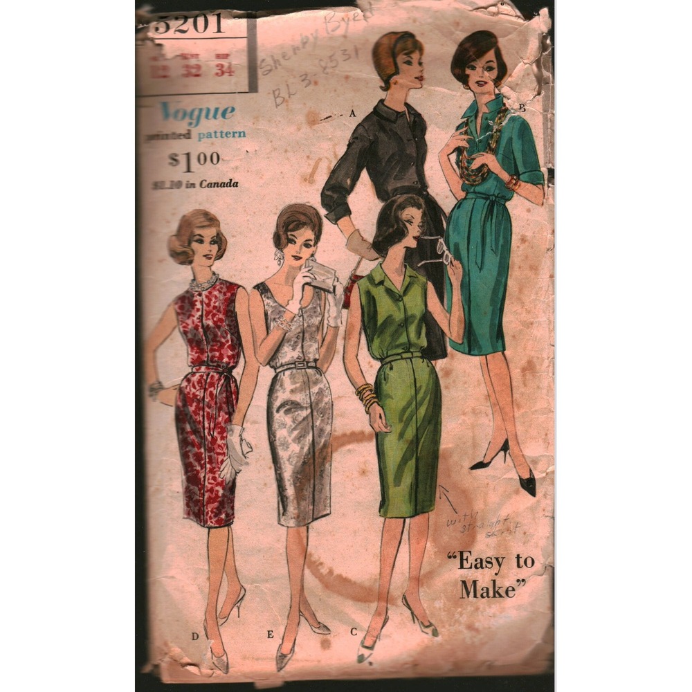 Vintage 1961 Vogue 5201 Sewing Pattern Dress‎ Elastic Waist Slim Skirt Size 12